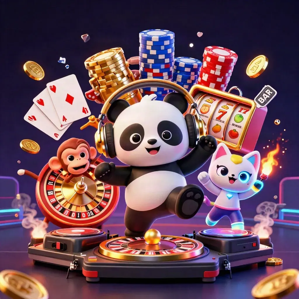 DJ panda, dancing monkey, and neon kitten on a roulette-fueled casino splash screen.