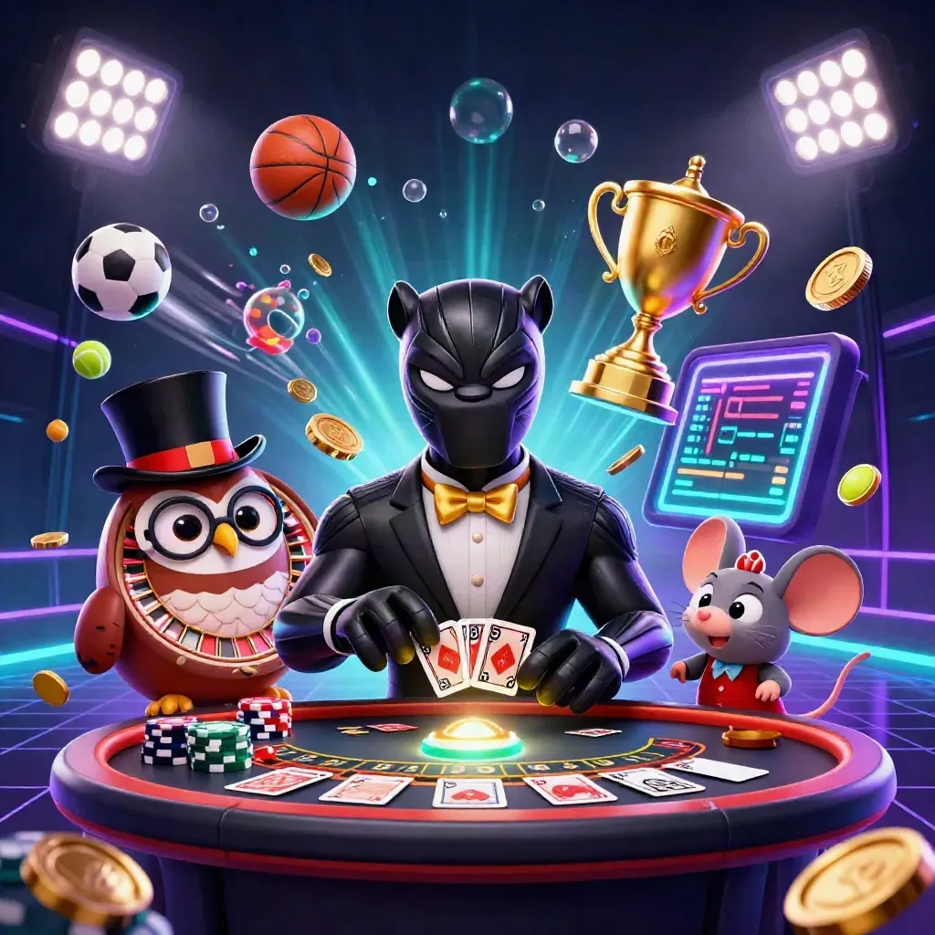 Black panther, owl, and mouse amid casino props, flying balls, trophy, coins, and neon lights.