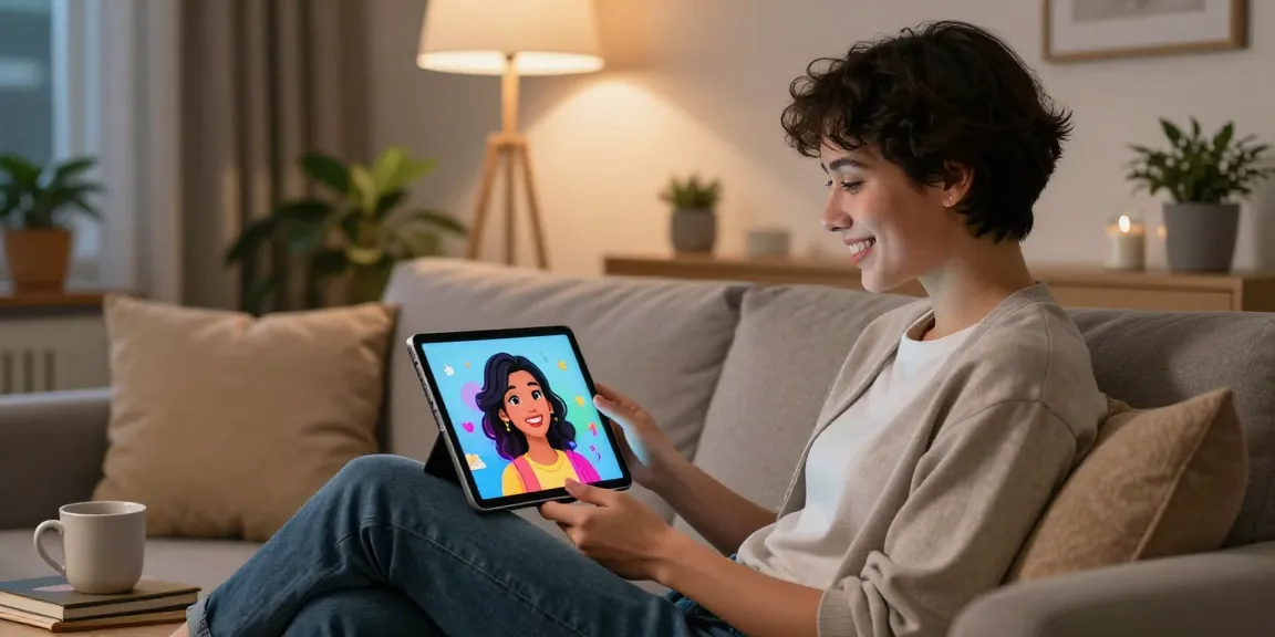 Engaging interaction with an AI girlfriend avatar on a tablet in a cozy living room.