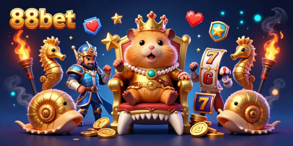 Engage with thrilling games and experience the excitement of 88bet's golden hamster king in a vibrant casino scene.