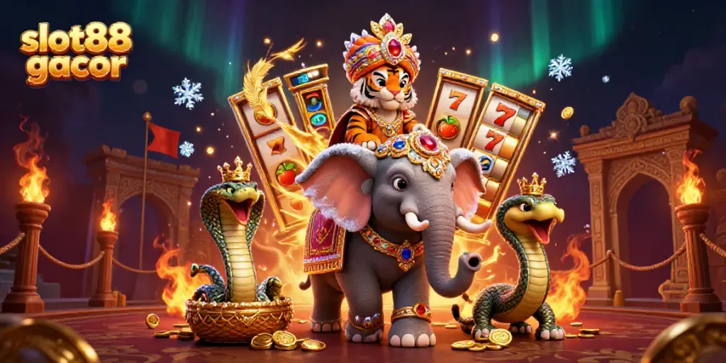 Permainan slot88 gacor dengan maharaja harimau dan gajah berkilau, dikelilingi elemen kasino menarik.