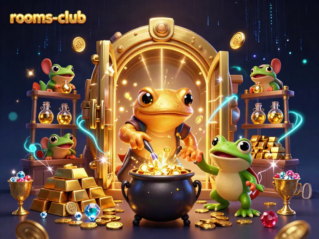 Permainan slot online yang menarik di rooms-club dengan banyak koin emas dan elemen menarik lainnya.