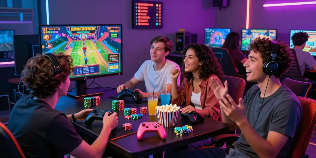 Diverse friends enjoying an exciting slot gacor gaming night with colorful accessories.