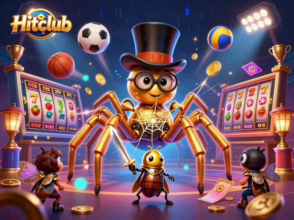 Hitclub showcases a mesmerizing scene of gaming with vibrant visuals including a golden tarantula and beetle knight among slot reels.