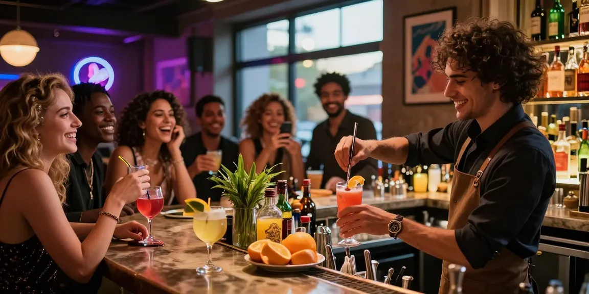 Exciting bar scene with cocktails and friends enjoying nightlife, showcasing eskort gogoebi culture.