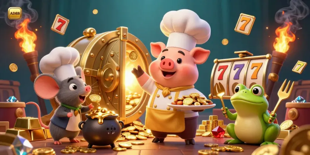 Engaging AD88 casino scene with a chef pig serving gold coins surrounded by vibrant slot elements.