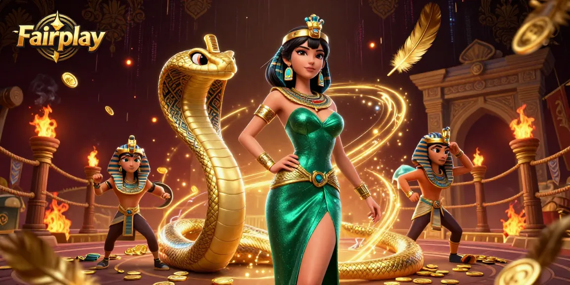 Experience Fairplay with a dazzling casino scene featuring a glamorous woman and golden cobra, rich in detail.