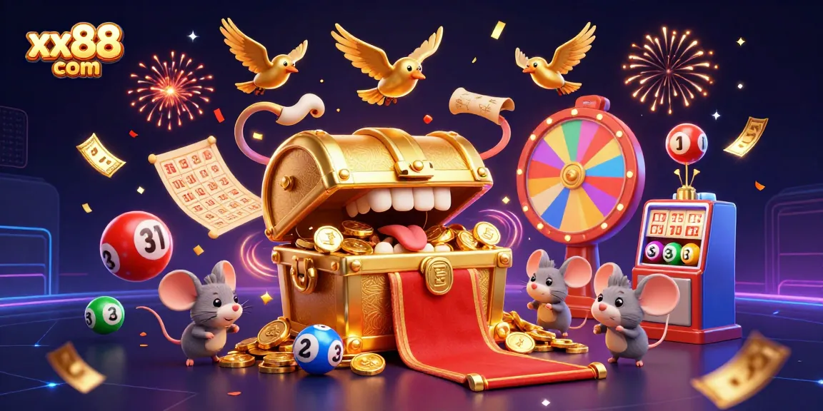 Experience the excitement of xx88 com with dynamic lottery elements and a playful treasure chest.