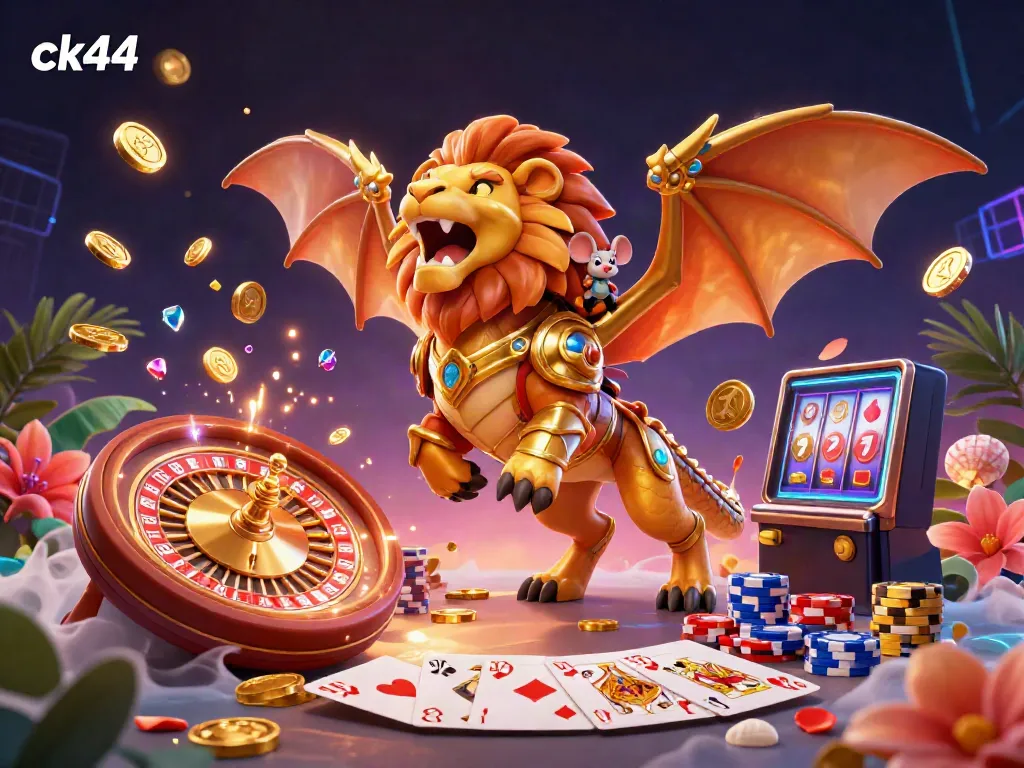 Experience thrilling gameplay with ck44 in a dynamic 3D casino scene featuring a chimera and vibrant treasures.