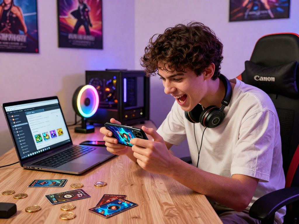 Excited gamer logging into the Alano Dt 5 app, surrounded by gaming elements and vibrant graphics.