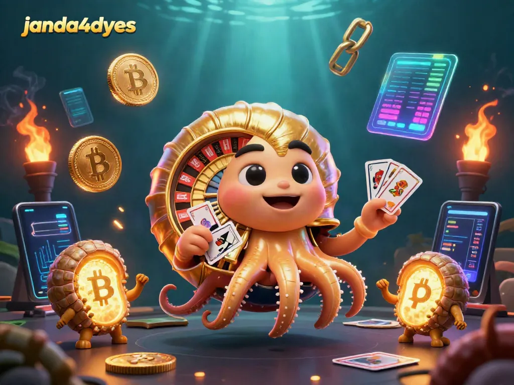 Menghadirkan janda4dyes dalam ilustrasi 3D yang menampilkan nautilus raksasa berwarna emas dan berbagai elemen kasino.