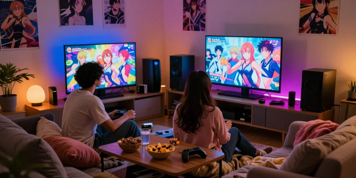 Couple enjoying hentai games in a cozy living room with snacks and anime decor
