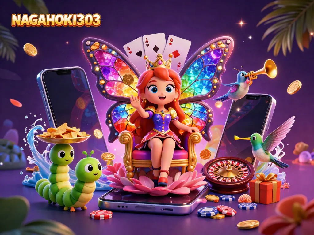 NAGAHOKI303 menampilkan ilustrasi 3D ratu kupu-kupu dengan sayap berwarna-warni dan elemen kasino seperti chip dan smartphone.