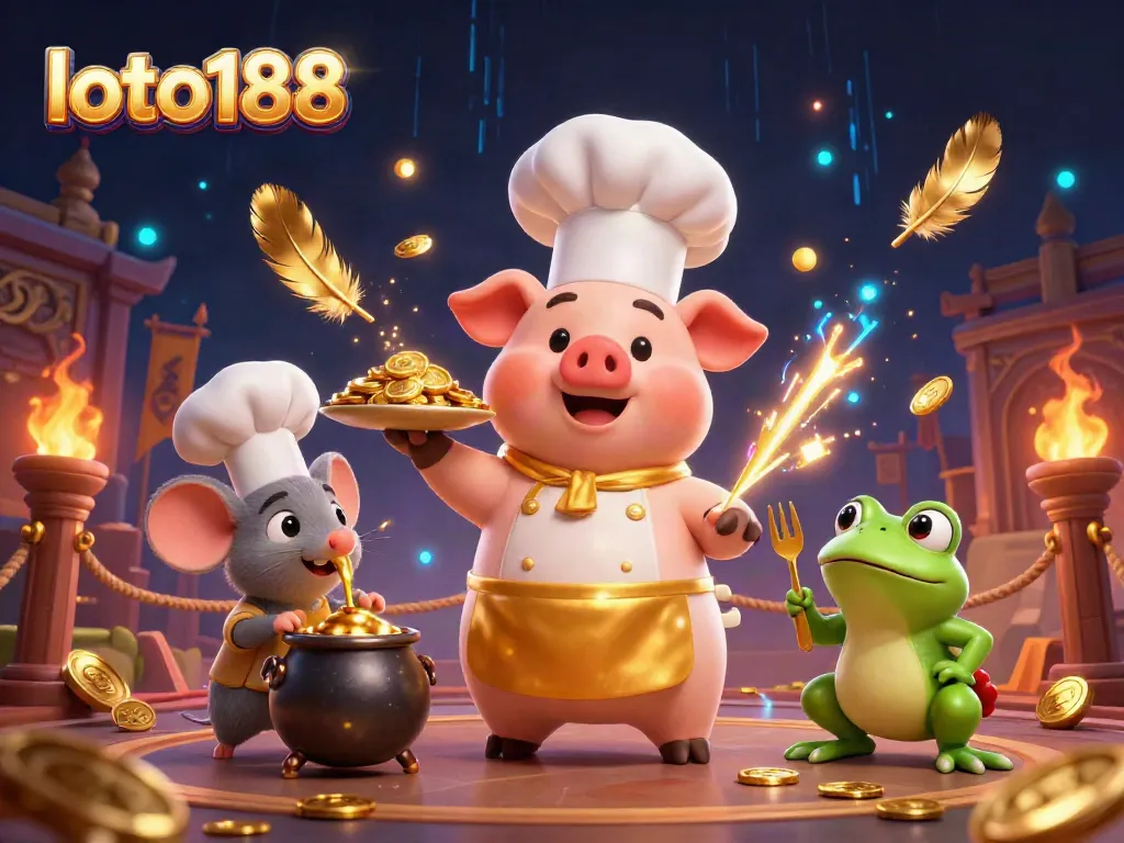 Experience excitement at loto188 with a gourmet presentation of gold coins served by a cheerful chef pig.