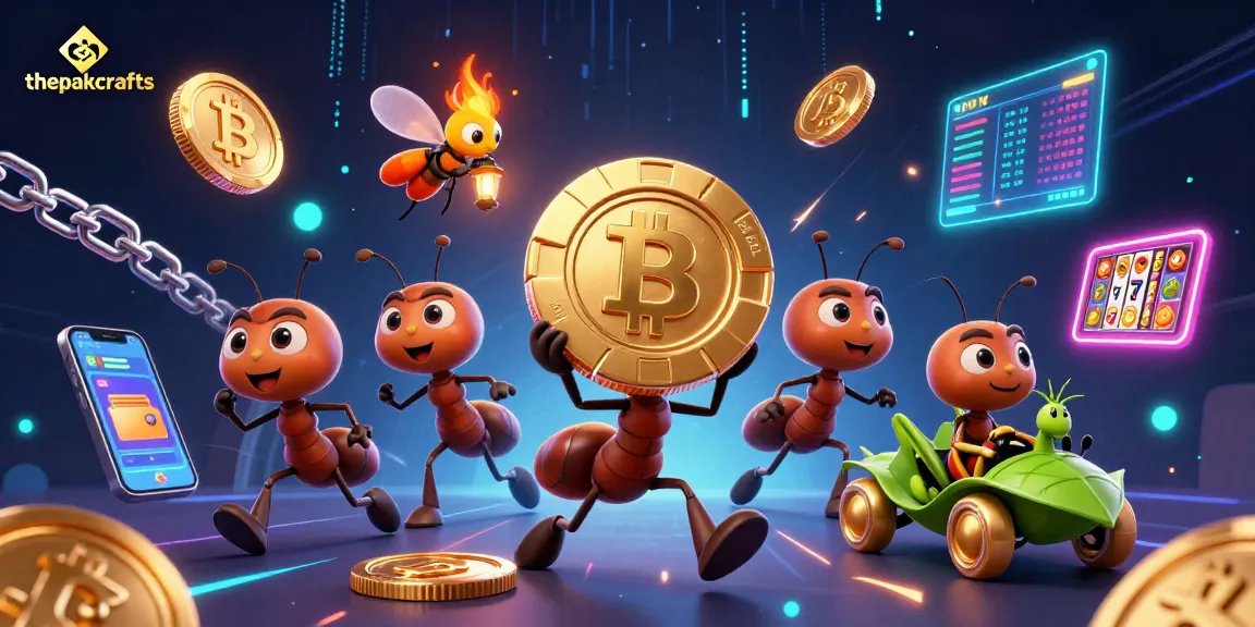 Engage with thepakcrafts as cartoon ants execute a thrilling casino heist featuring glowing poker chips and crypto elements.