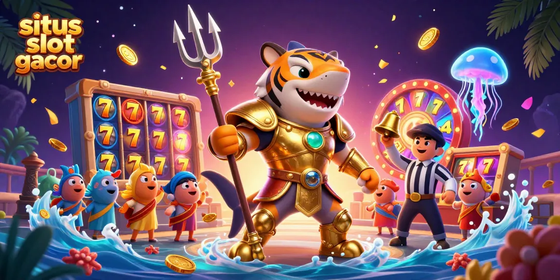 Engage in situs slot gacor with vibrant slot reels, golden coins, and an energetic underwater scene.