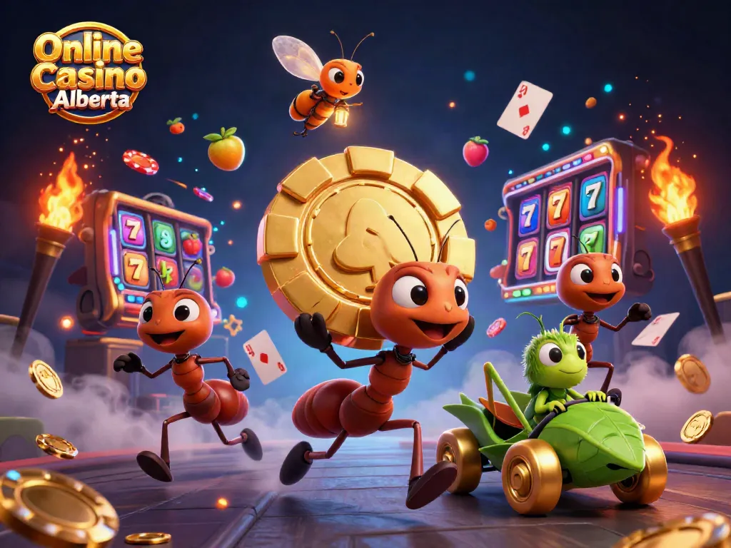 Engage in excitement at Online Casino Alberta with animated ants hauling a giant poker chip amidst vibrant gambling elements.