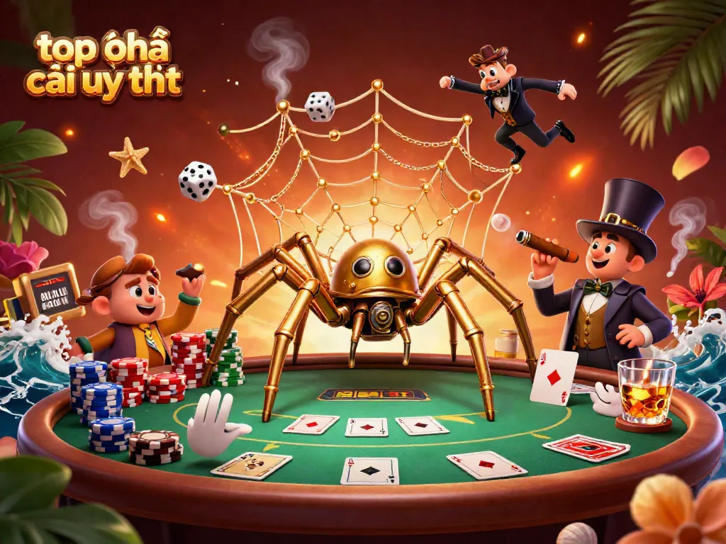 Engage with top nhà cái uy tín as a golden spider weaves its web of luck and fortune amidst poker elements.