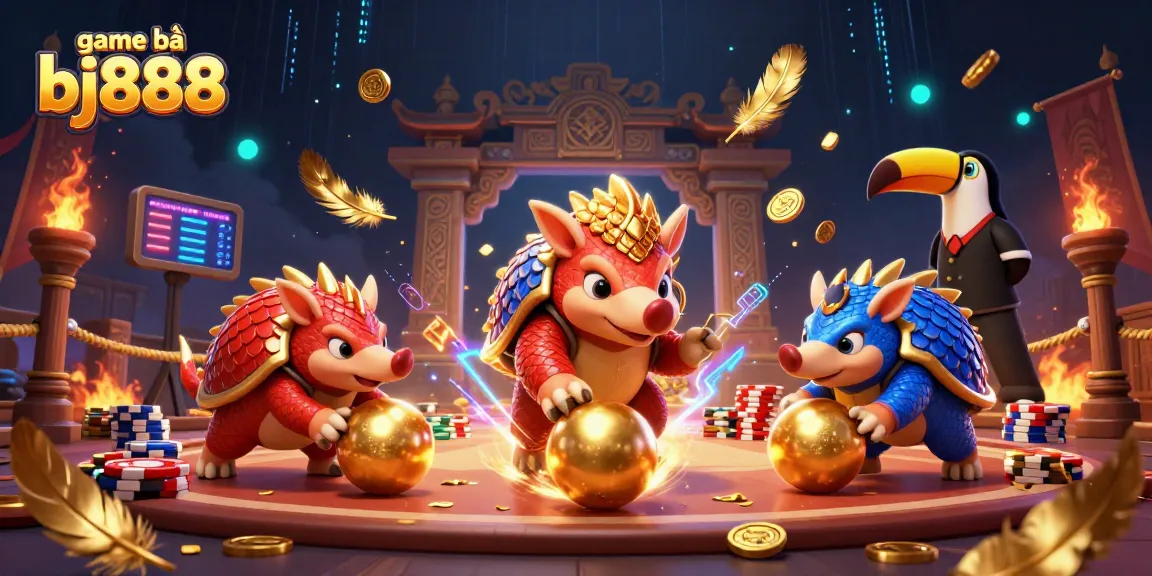 Engaging game bài bj888 action with lively pangolins amidst casino excitement and dynamic energy.