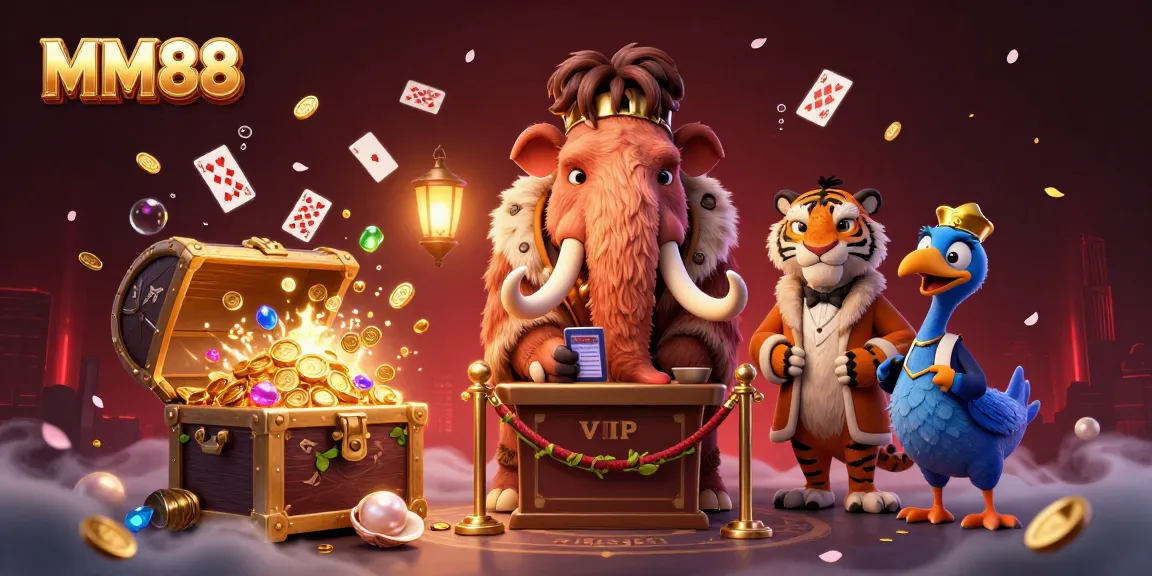 Play at MM88 with a vibrant 3D illustration showcasing dynamic casino characters and elements.