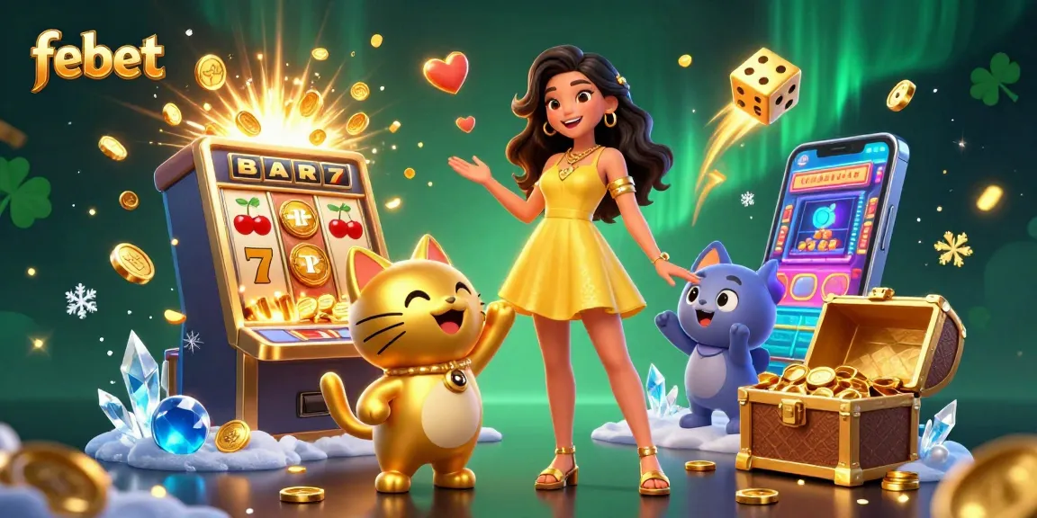 Experience the winning spirit at febet with slots and cheerful characters amidst gold and confetti.