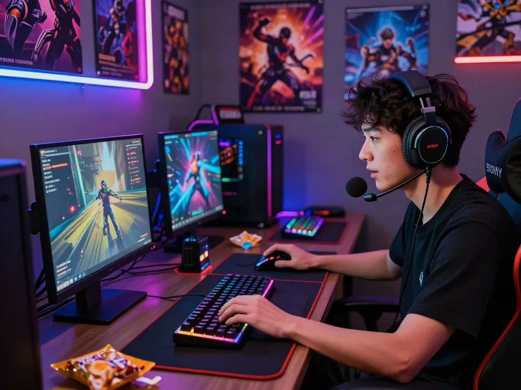 Akujp gaming player immersed in a vibrant online gaming session with peripherals, neon lights, and colorful graphics.