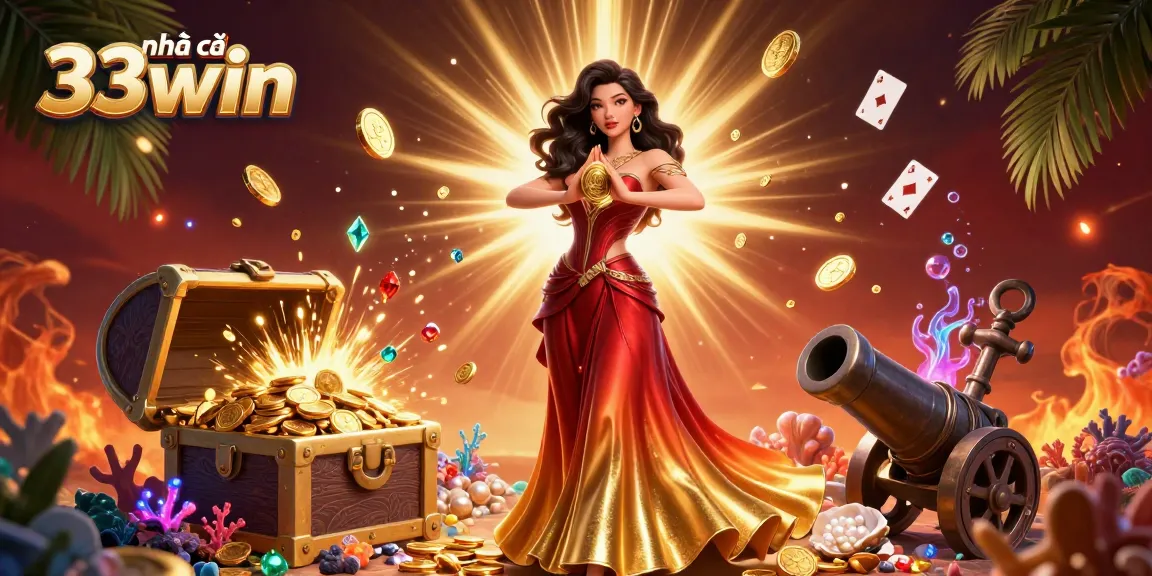 Play dynamic games with nhà cái 33win in this vibrant 3D casino scene filled with gold coins and gems.