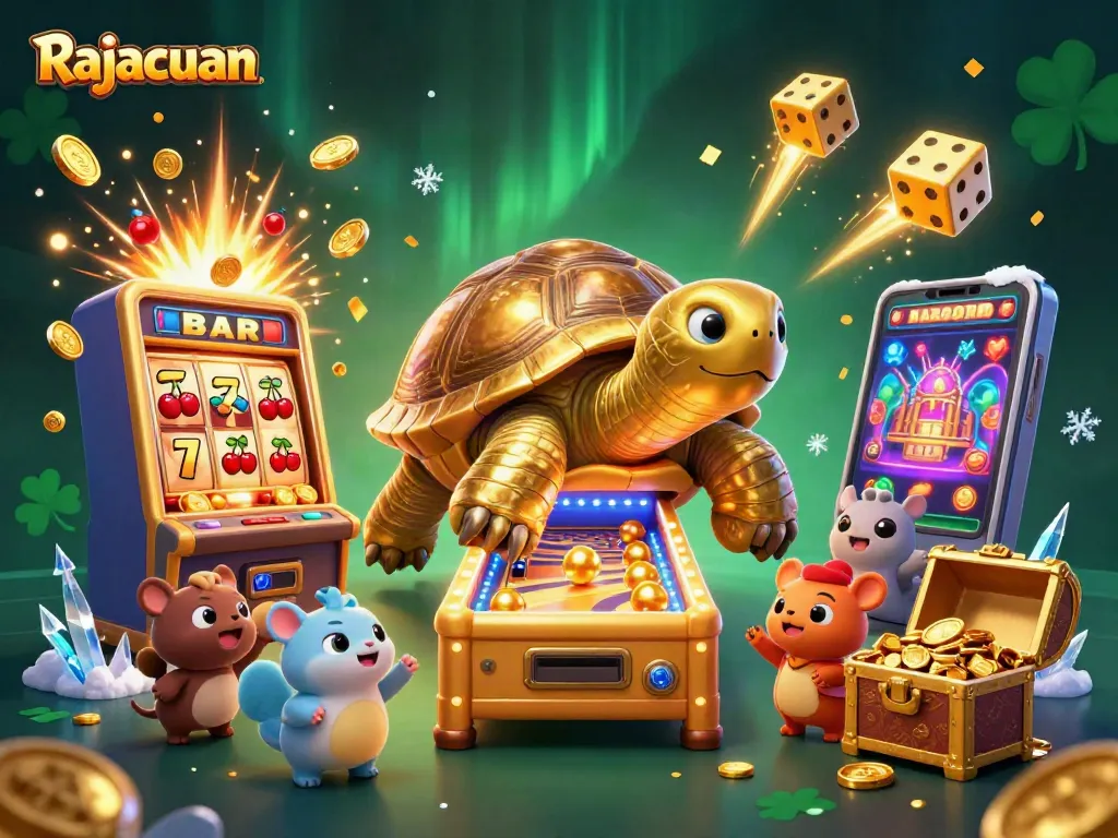 Engage in the thrilling world of Rajacuan with a vibrant 3D illustration of a jackpot frenzy.