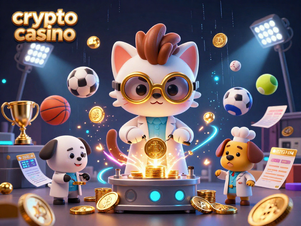 Experience the excitement of a crypto casino with this dynamic illustration of a scientist and dog amidst vibrant gaming elements.