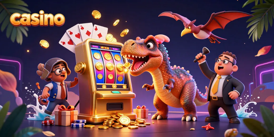 Casino-themed illustration of a dinosaur headbutting a jackpot machine, with coins and gaming elements.