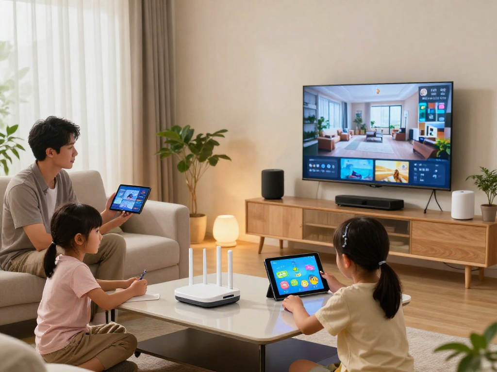 Gambar keluarga yang menggunakan wifi 4d untuk mengontrol perangkat pintar di rumah.