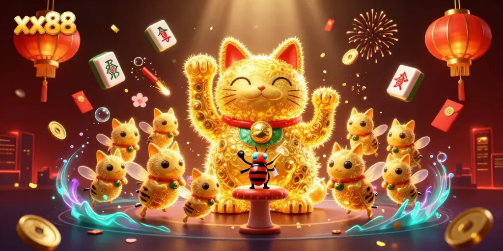 Experience the magic of xx88 with a vibrant lucky cat and casino symbols in a dynamic scene.