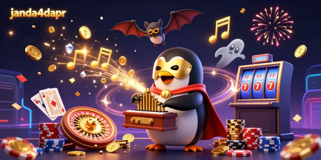 Pinguin beraksi di JANDA4D, menghasilkan koin emas dan catatan musik, menawarkan pengalaman bermain yang menyenangkan.