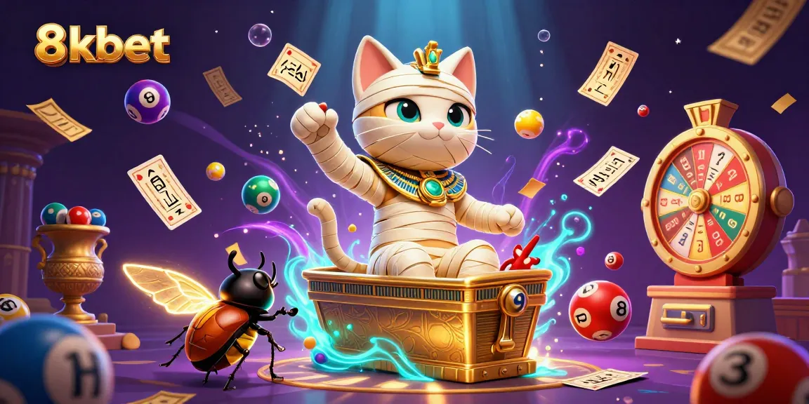 Engage with the thrilling world of 8xbet as a mummy cat and a glowing scarab beetle come to life among dynamic casino elements.
