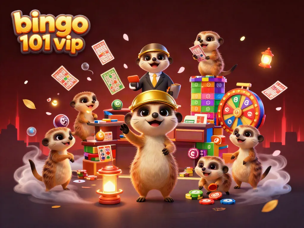 Engaging scene of bingo 101 vip meerkat characters operating a colorful bingo casino, showcasing dynamic gameplay and interaction.