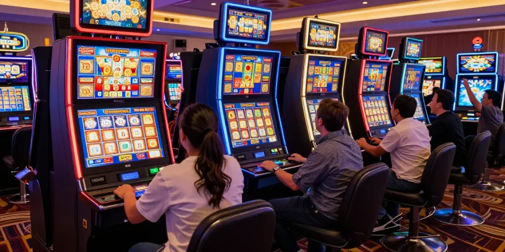 Players celebrating their win at slot jackpot machines in a lively casino.