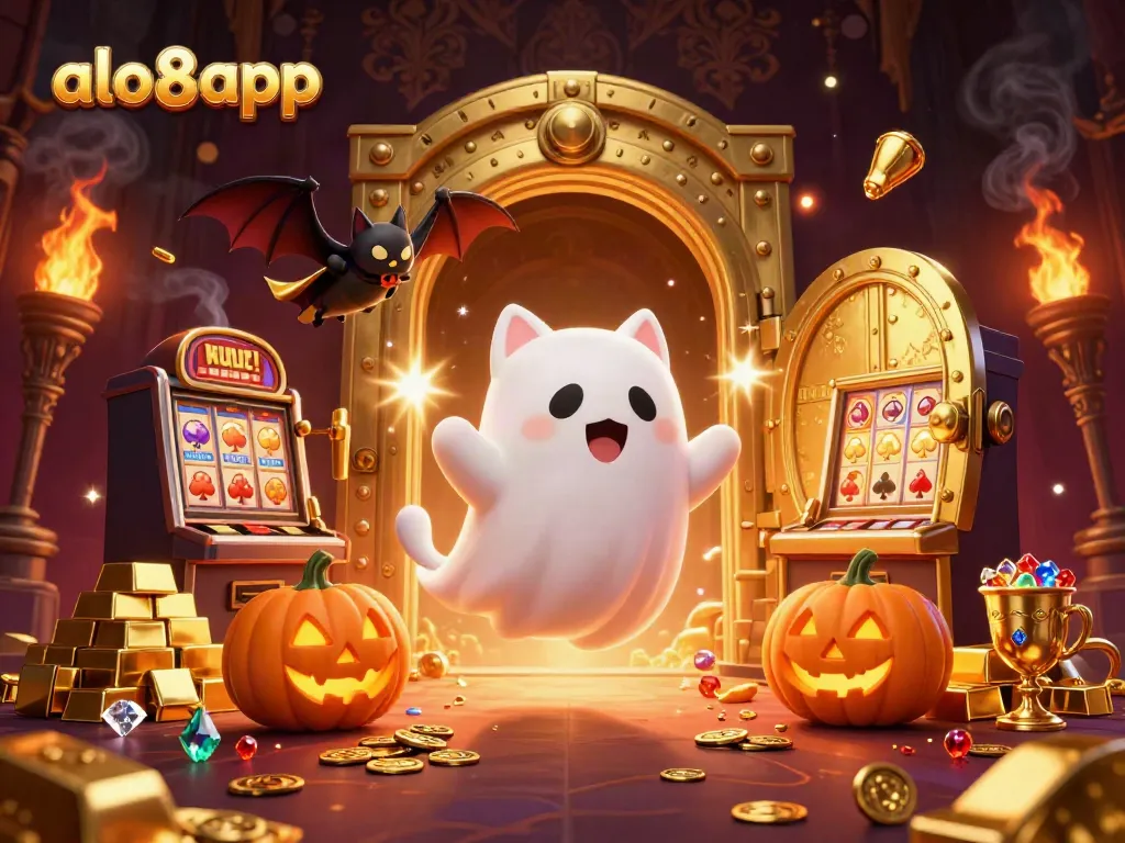Engage with the thrilling spirit of alo8app as the ghost cat and bat explore a vibrant casino.