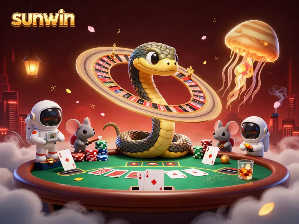 Experience the excitement of sunwin with a vibrant 3D illustration of space-themed casino action featuring unique characters and game elements.