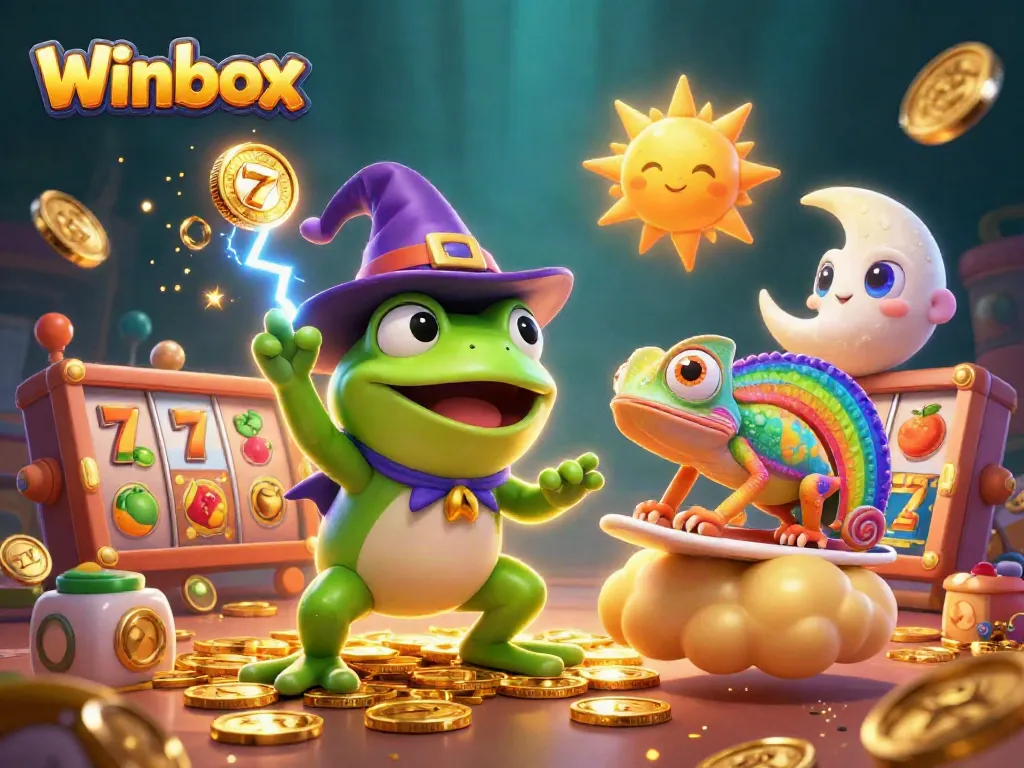Experience the excitement of Winbox as a wizard frog unleashes a storm of golden coins in a vibrant casino world.