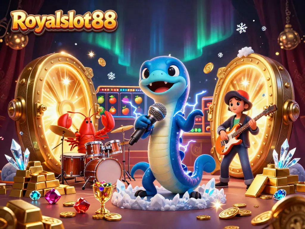 Royalslot88 menghadirkan aksi seru dengan ikan listrik DJ, drummer lobster, dan gitaris kuda laut di panggung kasino bawah laut.