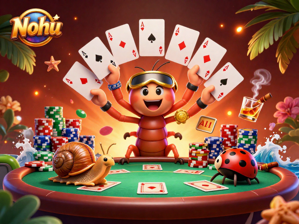 Nohu casino scene showcasing a millipede dealer and high-roller snail amidst vibrant poker elements