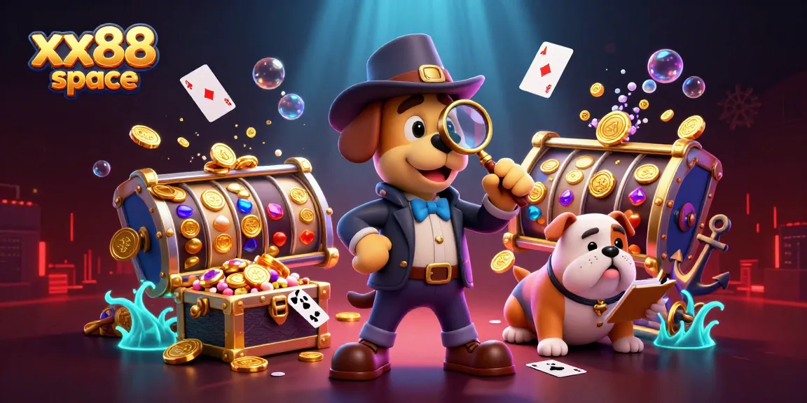Win big at xx88 space in this vibrant 3D casino scene featuring active slots and clever characters.