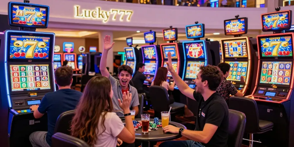 Excited players engaging at Lucky777 slot machines in vibrant casino.