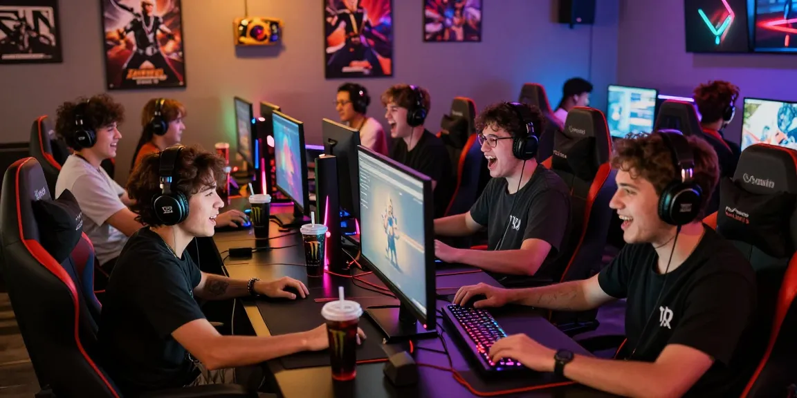 Pengalaman seru di https://honda555.net/ dengan gamer antusias di kafe gaming yang cerah dan berwarna-warni.
