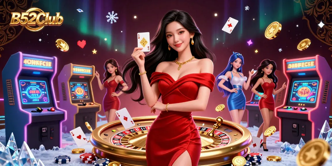 B52Club showcases a beautiful Asian woman holding a playing card next to a roulette wheel, amidst vibrant casino elements.