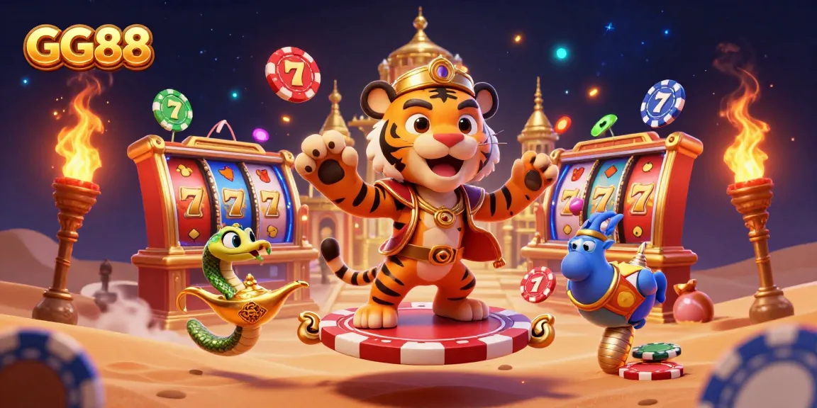 Win big with GG88 in a vibrant casino theme featuring dynamic slot reels and lively characters.