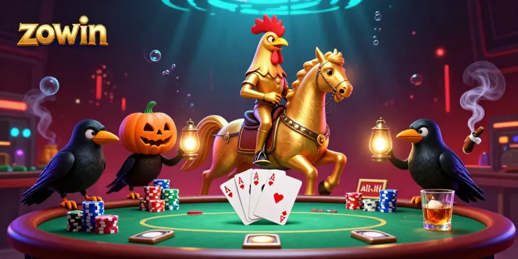 Experience the excitement of zowin with a golden rooster and spectral companions in a vibrant casino.
