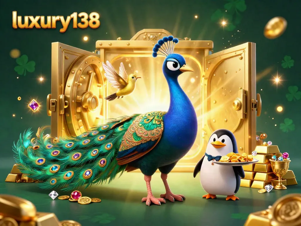 Experience luxury138's vibrant gaming atmosphere with the enchanting peacock and golden treasures