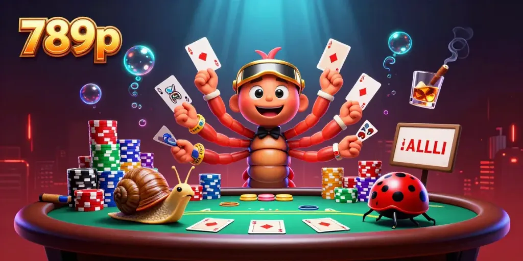 Engage with 789p's thrilling casino atmosphere featuring colorful poker cards and game elements.