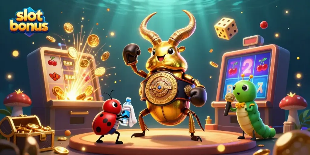 Experience the thrill of slot bonuses with a golden stag beetle champion amidst a vibrant casino scene.